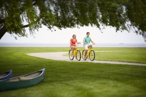 Miles of newly paved biking trails wind throughout the park. Adult and children’s bikes are available for rent,  for the first hour and  for each additional hour, from May to October. Infant seats are available at no extra charge.