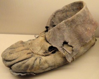 Moccasin from the Promontory Cave, made with Bison hide. Exhibit in the Natural History Museum of Utah, Salt Lake City.
