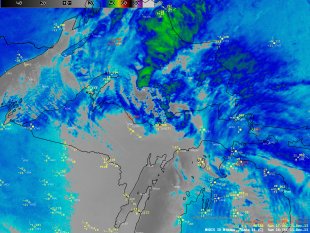 MODIS 11.0 Âµm IR channel images, with METAR surface and buoy reports