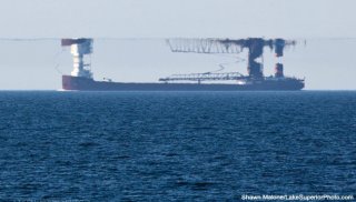 Photographer Shawn Malone captured this Fata Morgana of an ore boat on Lake Superior on May 22, 2015 in Marquette, Michigan.