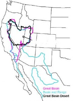 The Great Basin can be defined topographically, hydrologically, or biologically. This map shows the different boundaries depending on definition.