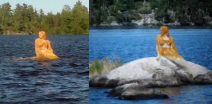 The Rainy Lake Mermaid. The left shows her in the flood of 2014 and the right shows an average year. Photo: Jackie Dupuis-Brandli